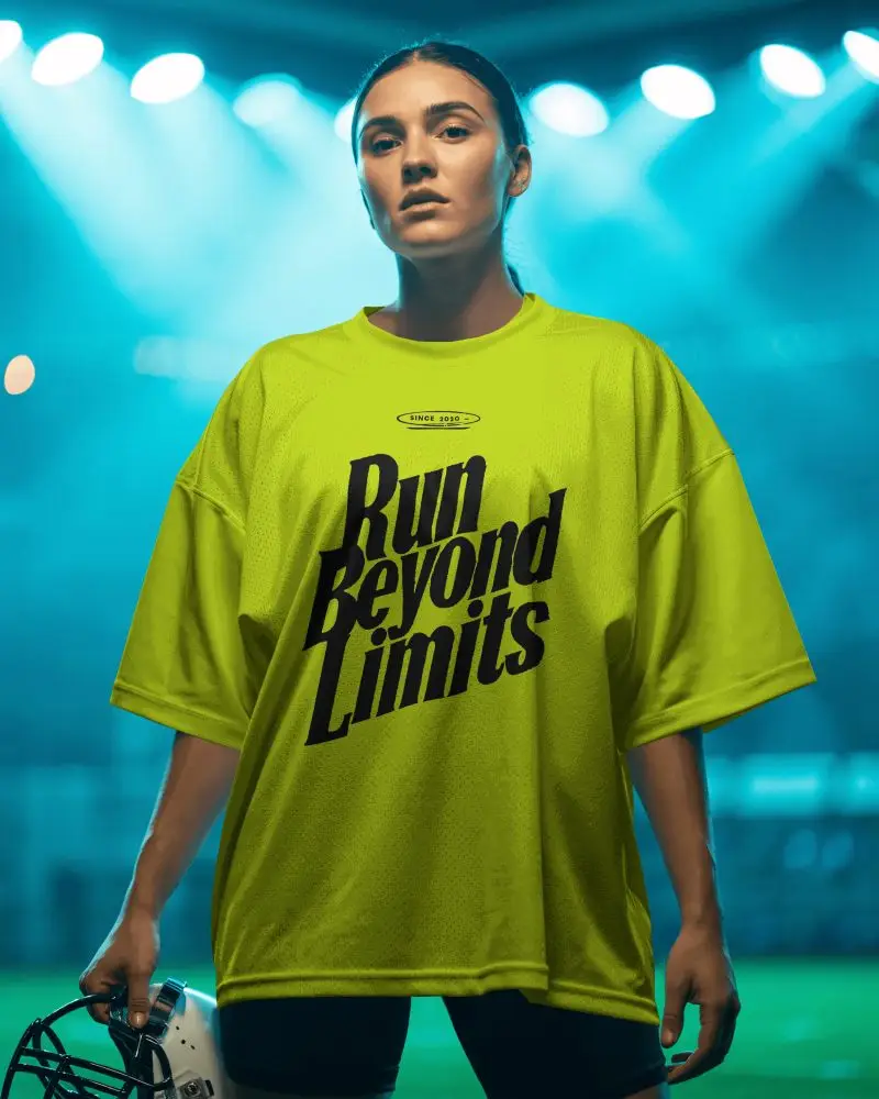 Stadium Lit Jersey Mockup Female Hockey Athlete Standing Confident Under Bright Sport Lights