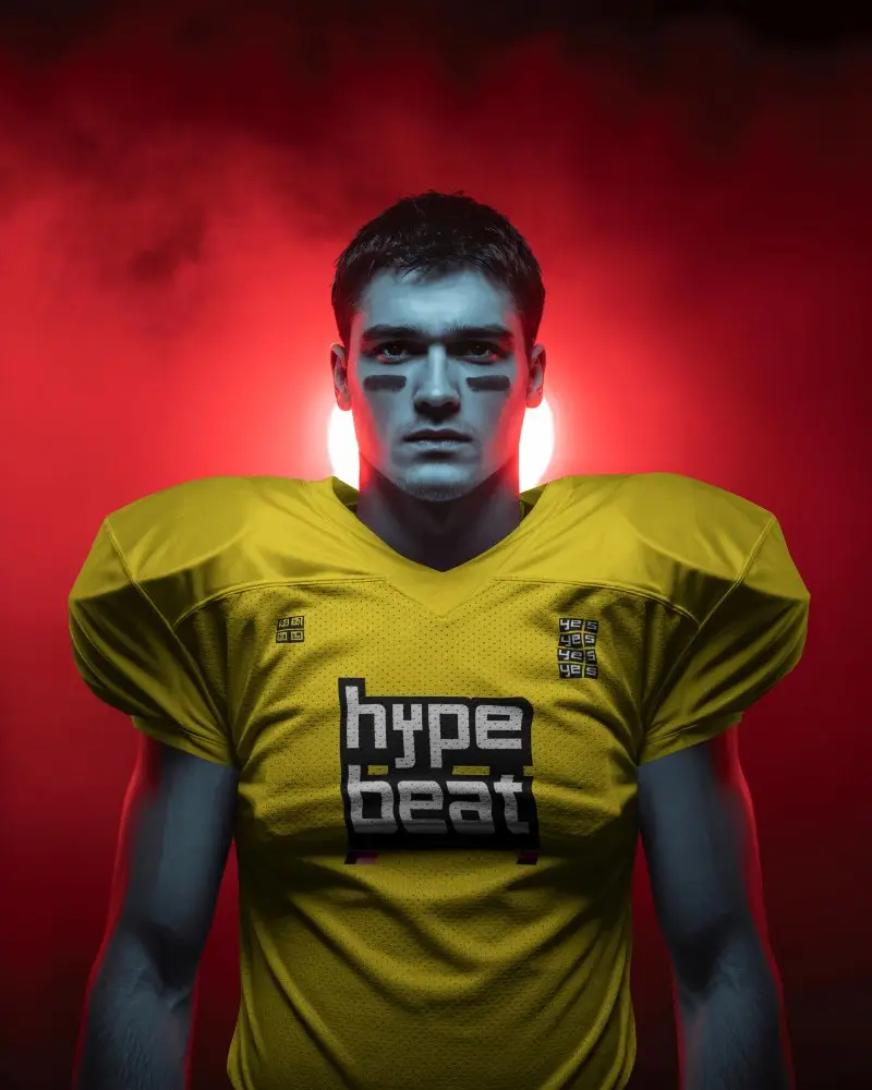 Dramatic Red Haze Jersey Mockup Football Player In Strong Shoulder Pads With Dark Athletic Gear