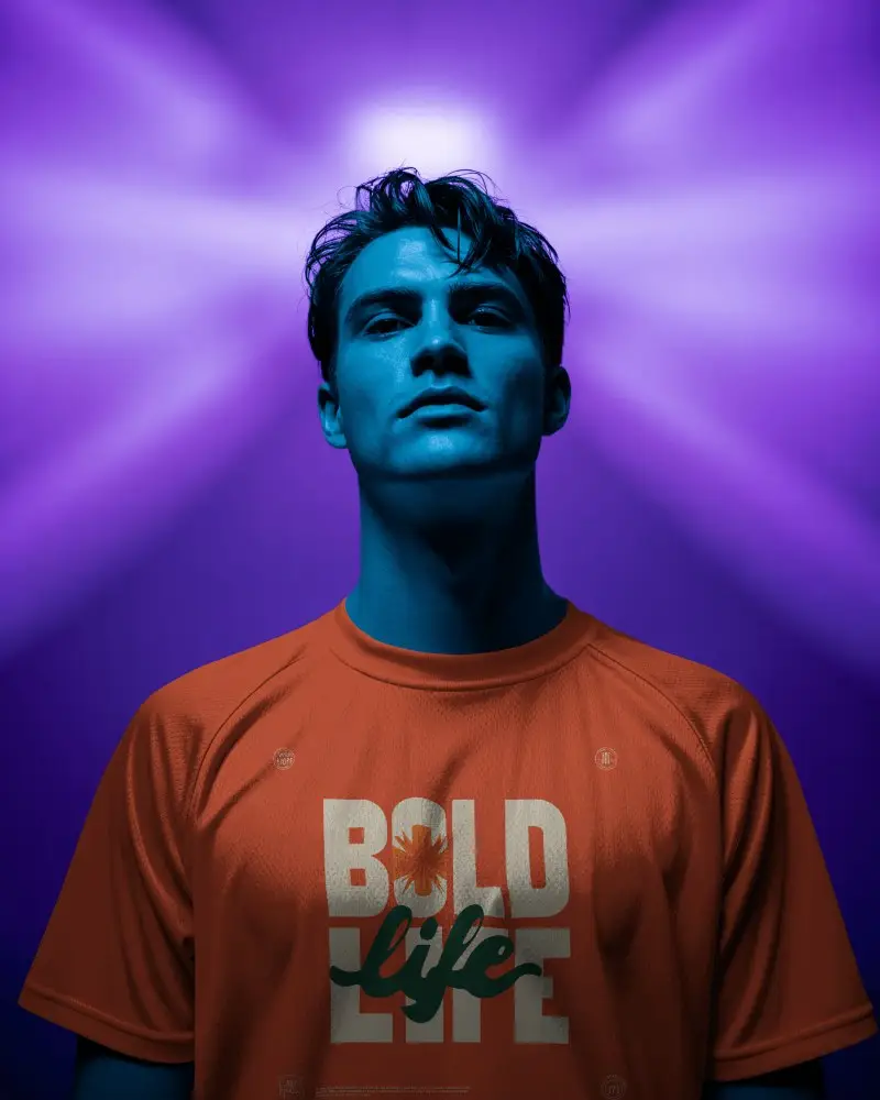 Vivid Purple Glow Jersey Mockup Male Model Lit By Dramatic Radiant Background