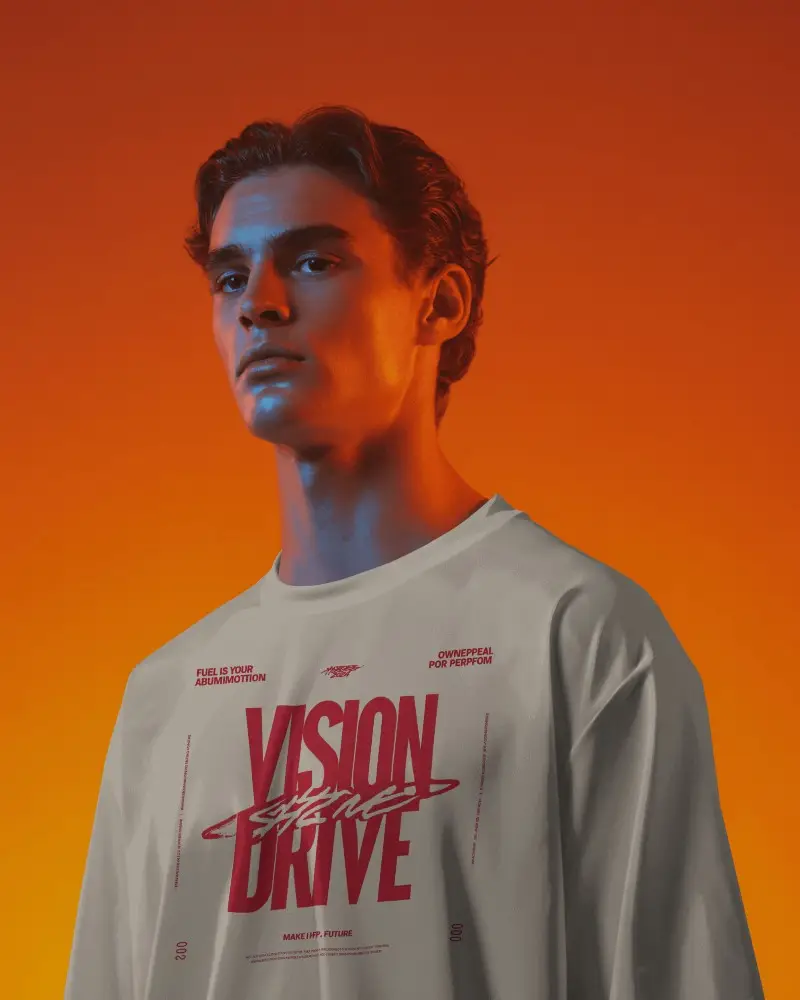 Warm Orange Glow Jersey Mockup Male Model Lit By Strong Gradient Studio Light