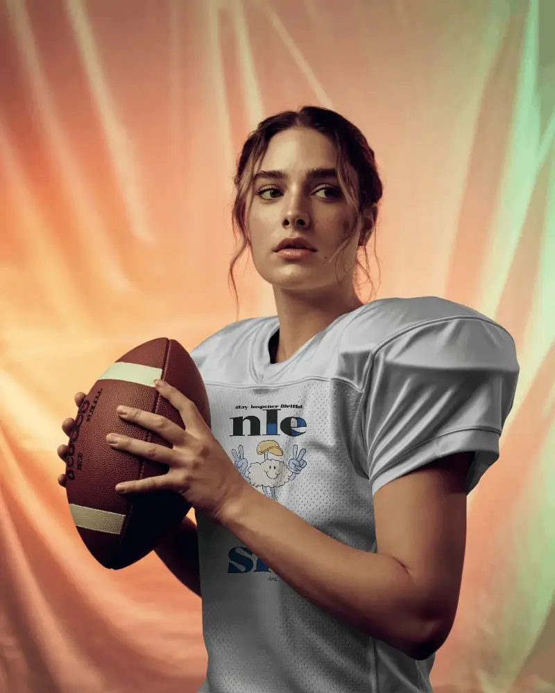 Sports Jersey Mockup Female Athlete Posing With Football For Training Or Promotion