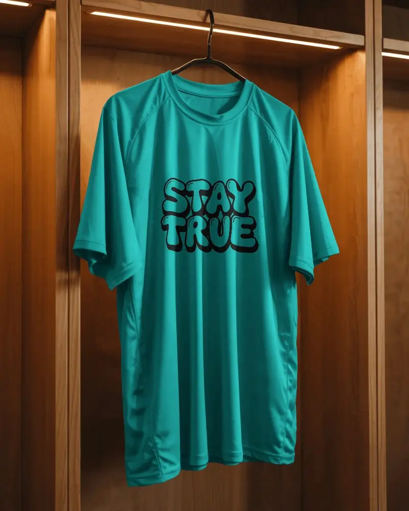 Breathable Athletic Jersey Mockup Hanging In Wooden Locker Room For Sportswear Design