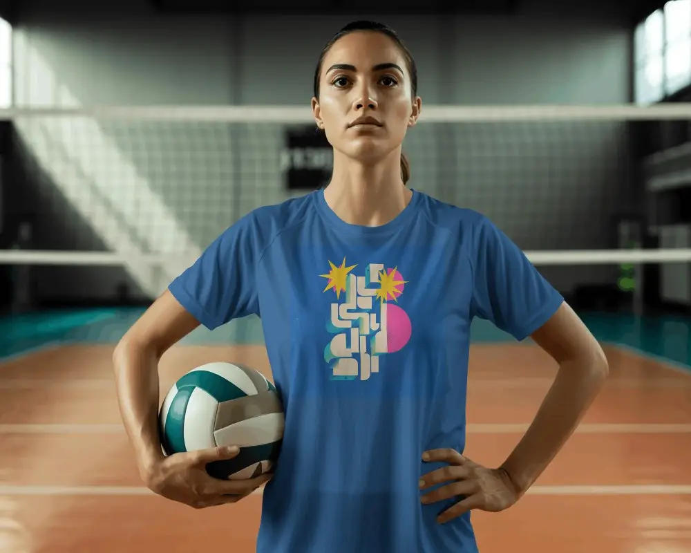 Professional Athlete Wearing Performance Jersey Holding Volleyball In Court Setting Mockup