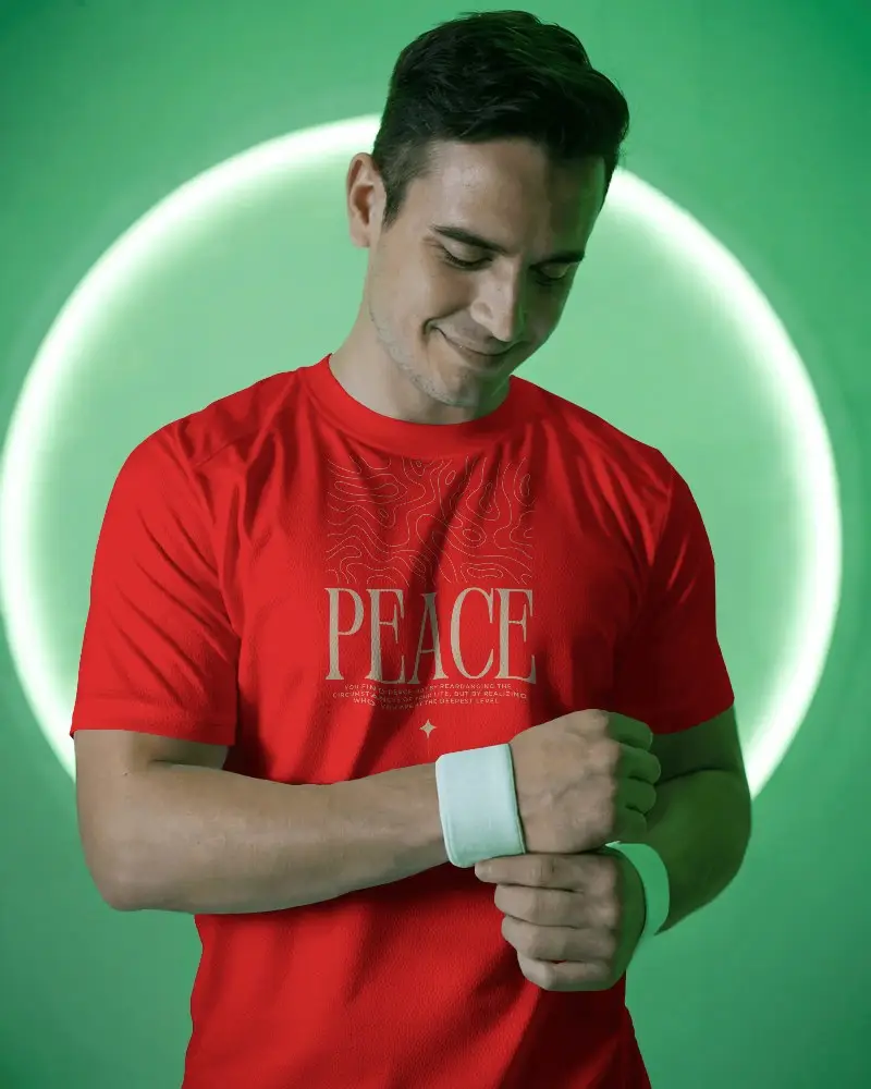 Fresh Look Male Model In White T Shirt With Placeholder Design Adjusting Wristband In Modern Lighting