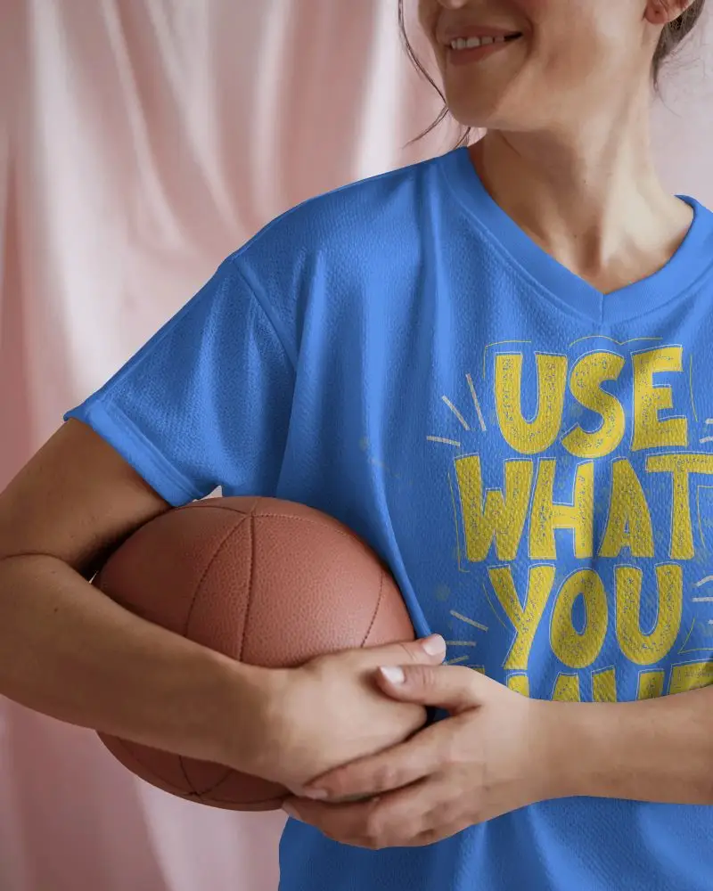 Sporty Female Jersey Mockup Smiling Woman Holding Basketball Perfect For Athletic Brand Design Showcase