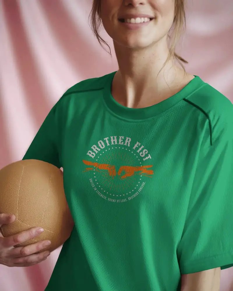Smiling Woman In Sporty Jersey Holding Volleyball Soft Pink Background Front Logo Design Highlight