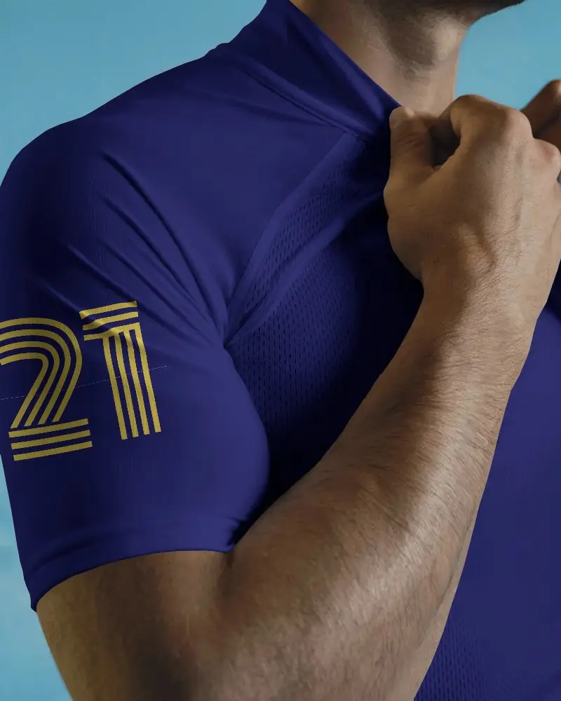 Front View Athletic Jersey Mockup On Fitness Model With Mesh Fabric Detail And Design Positioning