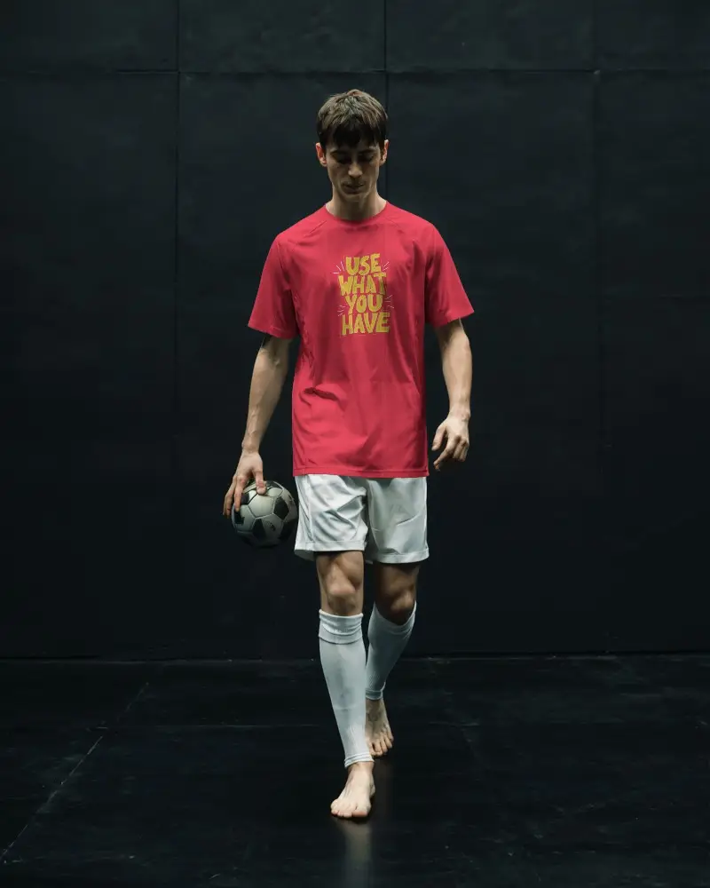 Soccer Player Jersey Mockup Minimal Black Background Barefoot Athlete Holding Ball