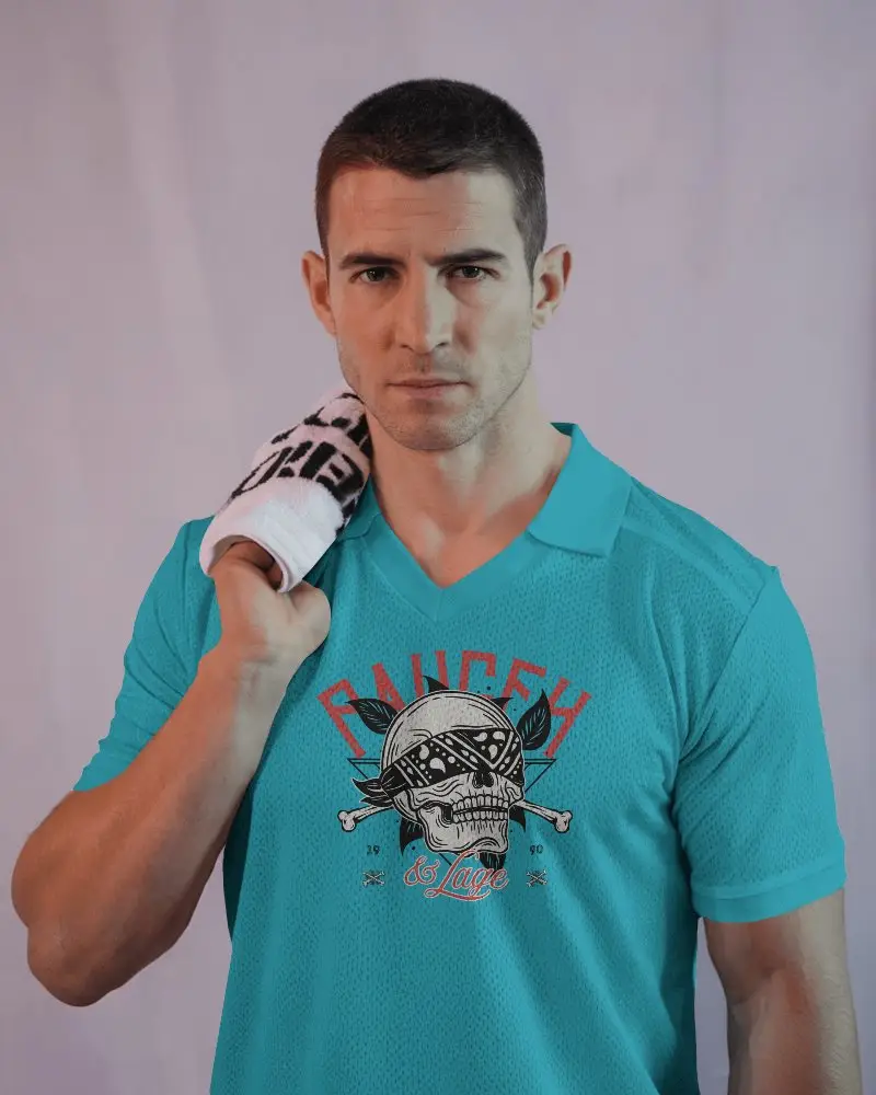 Studio White Sports Jersey Mockup Male Model Holding Gym Towel Athletic Build Front Facing Tight Fit Fabric Texture Clean Background