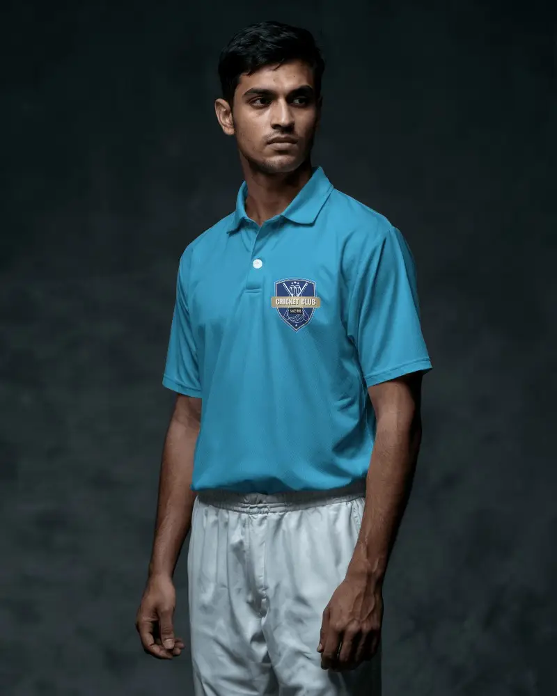 Cricket Jersey Mockup Male Model Standing In Moody Studio Lighting Professional Sportswear Focus Minimalist Background