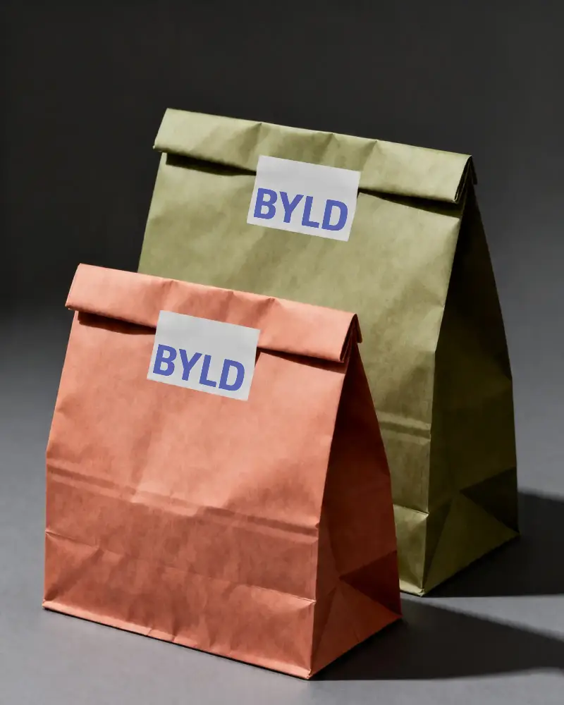 Eco Friendly Paper Lunch Bags With Blank Square Labels Mockup Custom Branding And Packaging