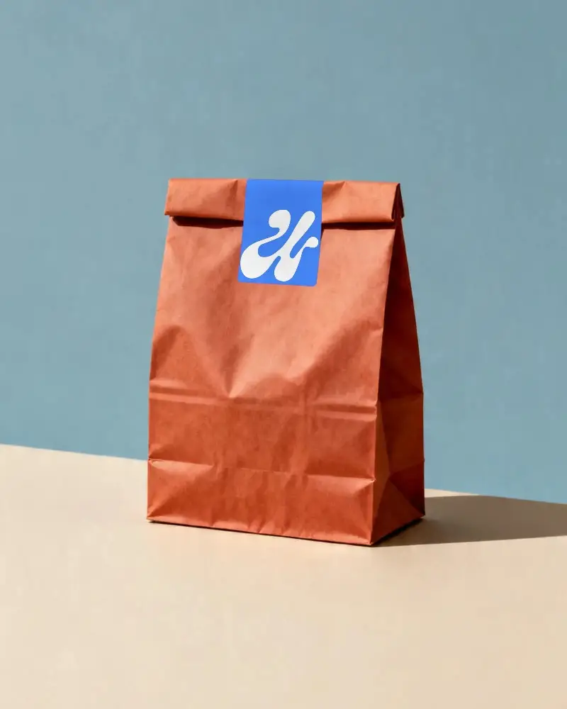 Realistic Paper Bag With Adhesive Label For Custom Branding And Product Packaging Ideas