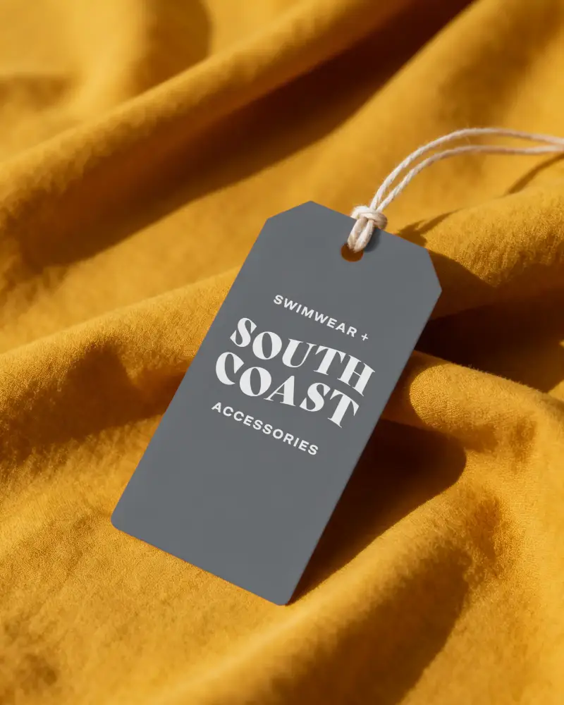 Realistic Product Hang Tag Label Mockup Draped Fabric Background For Retail Packaging