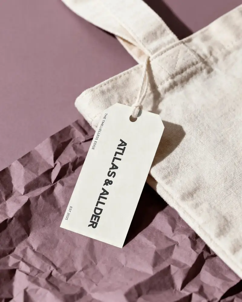 Empty Clothing Label Hanging From Canvas Tote Bag Displayed On Textured Surface
