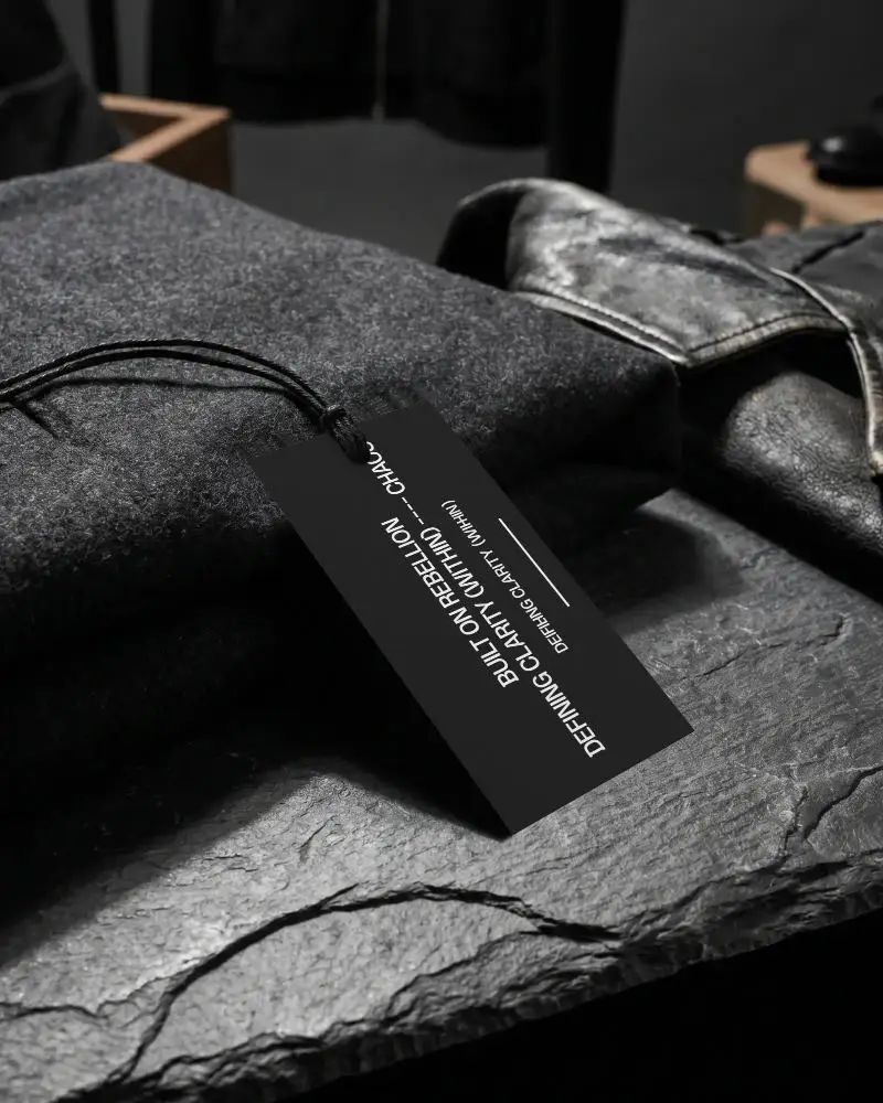 Clothing Label Mockup With Empty Hang Tag On Fabric Over Natural Slate
