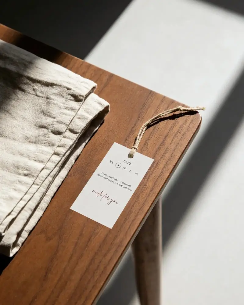 Natural Textile Label Mockup On Wooden Table With Curled Rope For Product Presentation