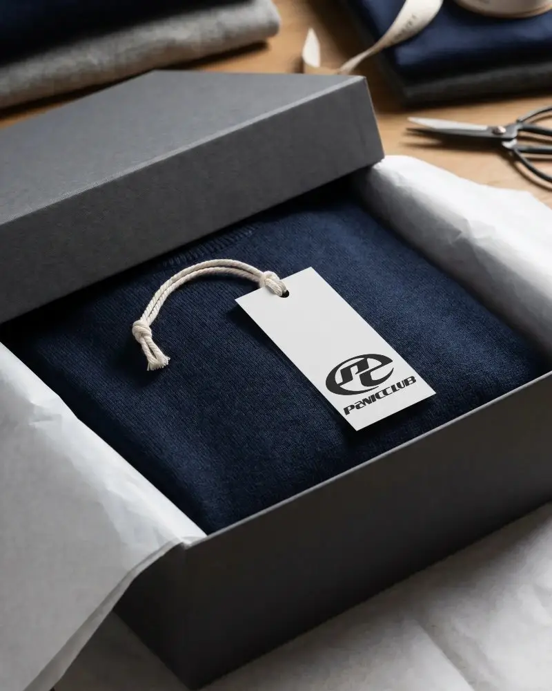 Minimalist Apparel Label Mockup On Packaged Sweater Inside Open Gift Box