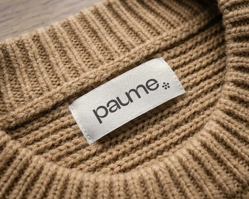 Textile Apparel Label Mockup On Rib Styled Knit Jumper Fiber Background Closeup