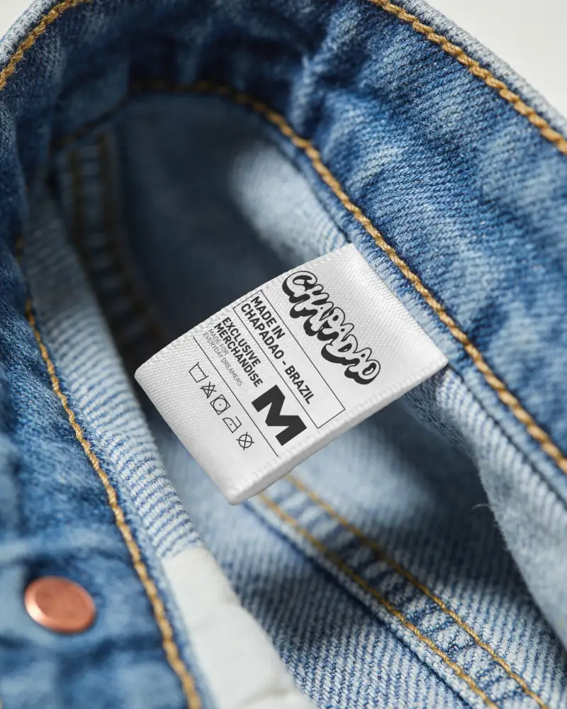 High Resolution Textile Brand Label Mockup Attached To Detailed Denim Cotton Jeans 