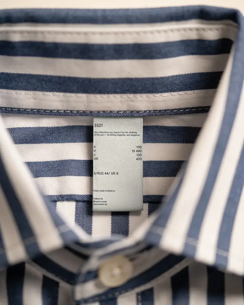 Shirt Label Mockup Attached To Inner Collar Of Striped Collared Shirt Template For Branding