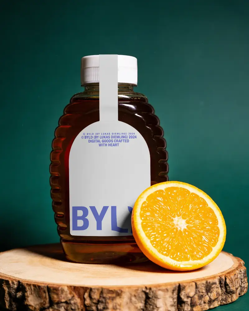 Honey Bottle With Label Mockup Citrus Fruit On Wood Slice Natural Product
