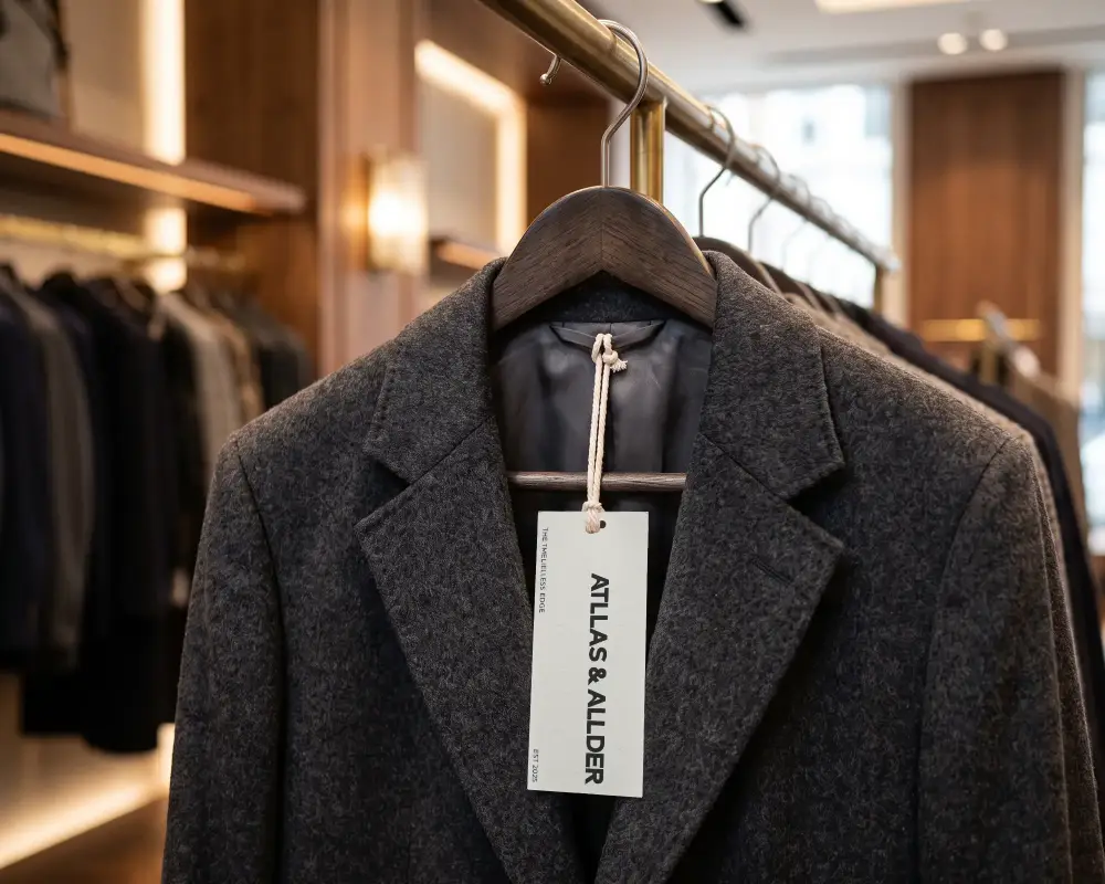 Premium Hang Tag Label Mockup On Elegant Wool Coat In Luxury Apparel Store