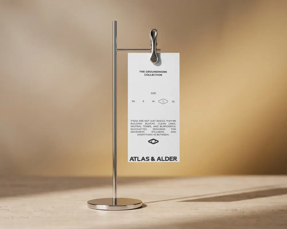 Modern Metal Stand With Clip Hanging Blank Vertical Paper Label Mockup For Branding