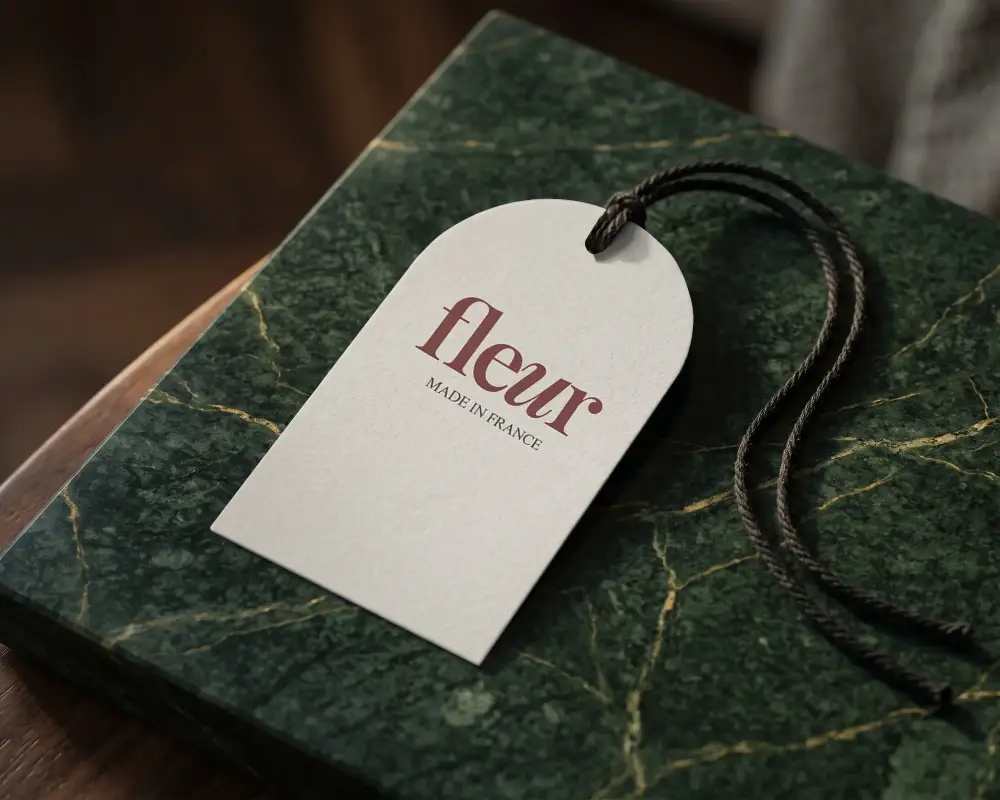 Blank Arched Paper Label Mockup With Rope On Marble Surface For Product Branding And Packaging