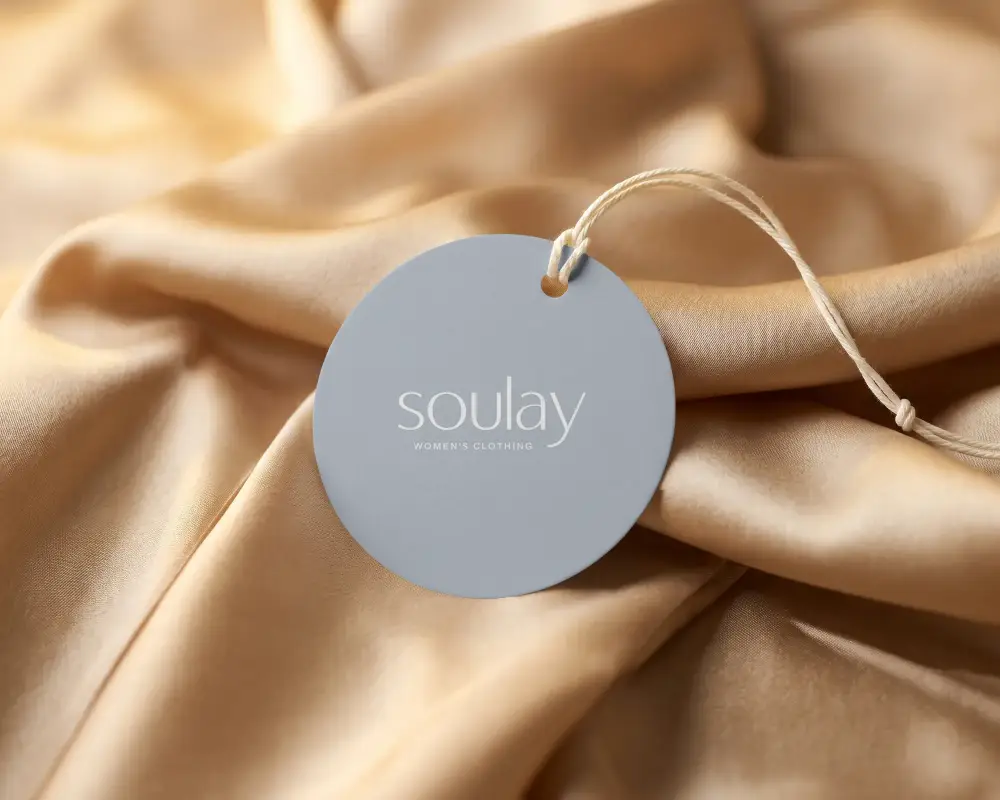 Blank Round Paper Label Mockup Hanging On String Placed On Smooth Soft Fabric Background