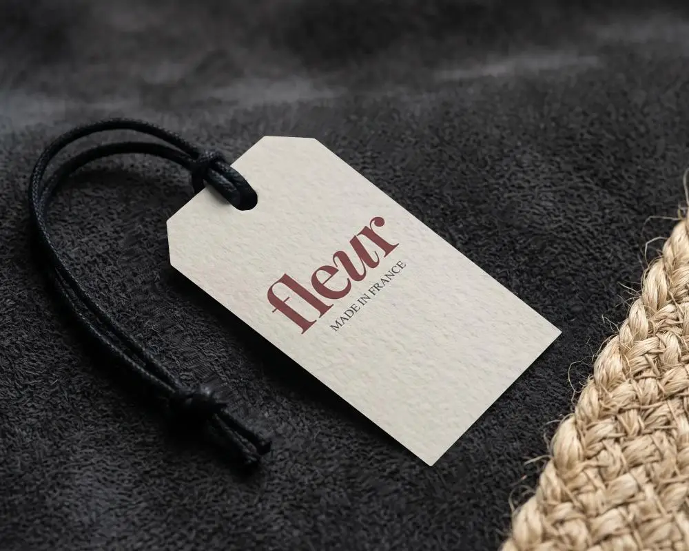 Mockup Of Hanging Product Label Attached To Black Cord Resting On Soft Textured Surface