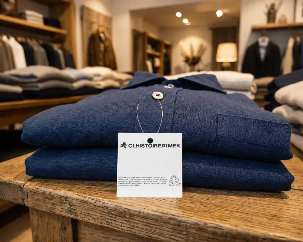 Premium Cotton Shirt With Blank Hanging Label On Folded Clothing Display