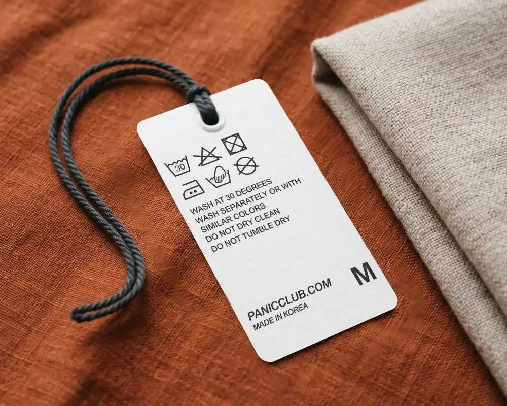 Blank Rectangular Hanging Tag With Rope On Textured Fabric Background Fashion Label Mockup