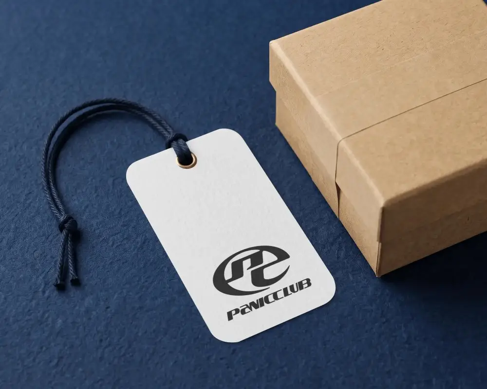 Minimalist Style Fashion Label Mockup With Rounded Corners Rope String Next To Eco Box Package