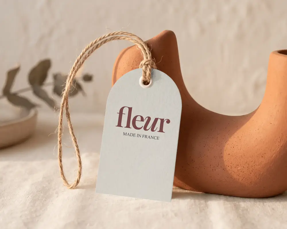 Minimalistic Arched Paper Label With Rope Tied Around Abstract Pottery Piece For Branding Display