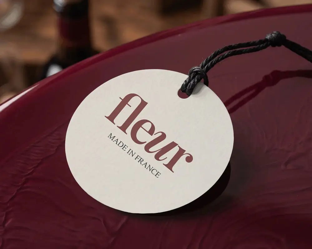 Round Cutout Hang Tag Label Mockup With Rope Placed On A Shiny Textured Table Surface