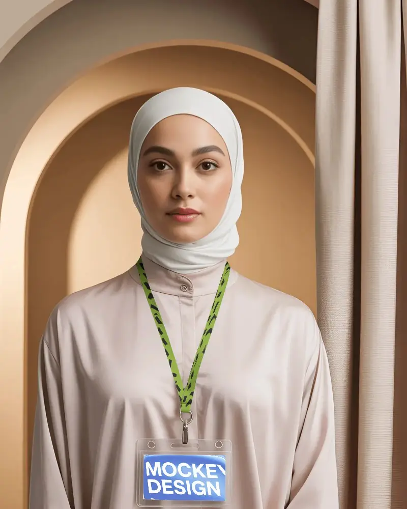 Soft Studio Id Card Mockup On Female Model In Hijab With Neutral Tones And Arched Background