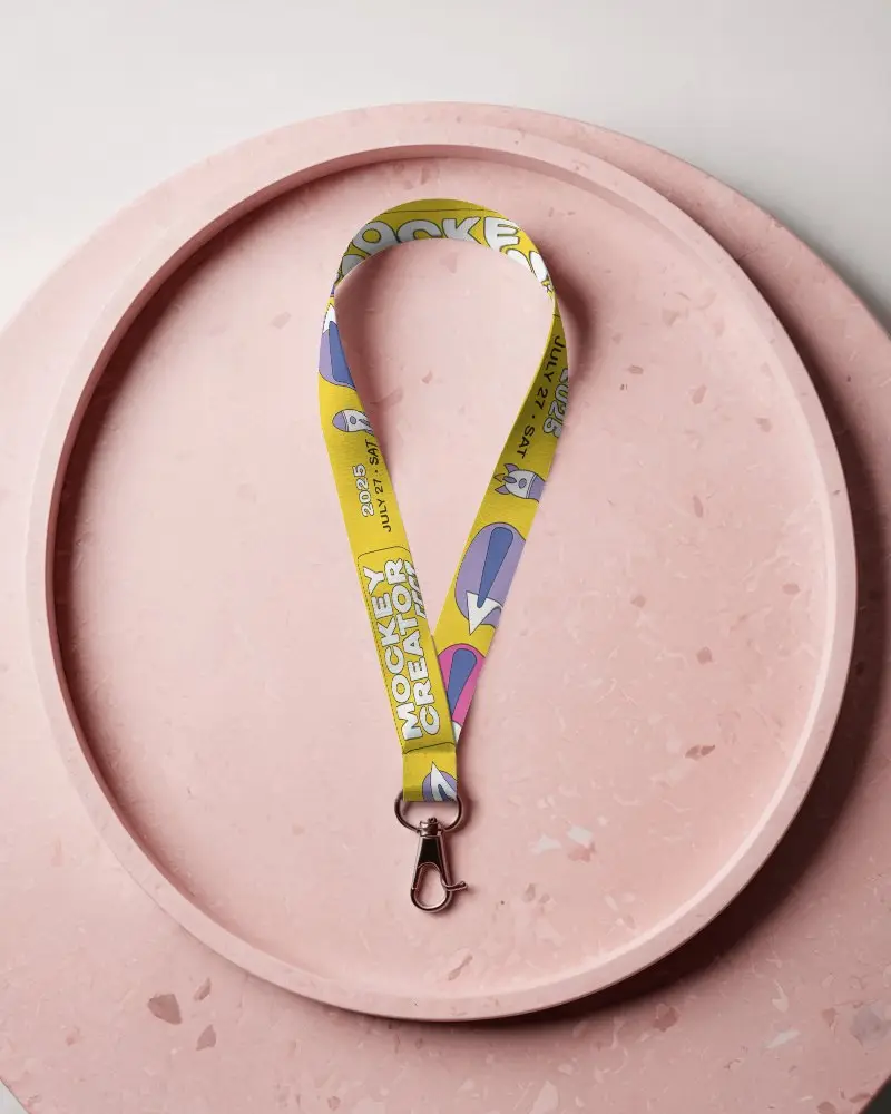 Elegant Top View Lanyard Mockup On Rose Pink Terrazzo Podium With Soft Natural Lighting
