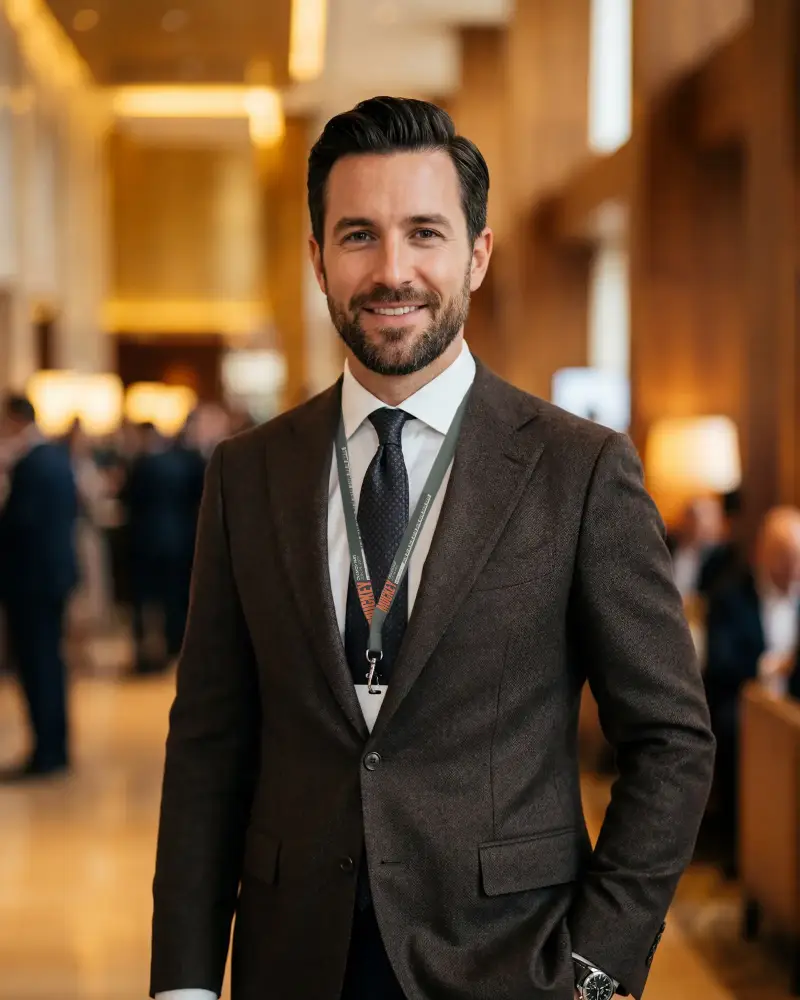 Professional Businessman Wearing Lanyard Mockup At Corporate Event Networking Opportunity