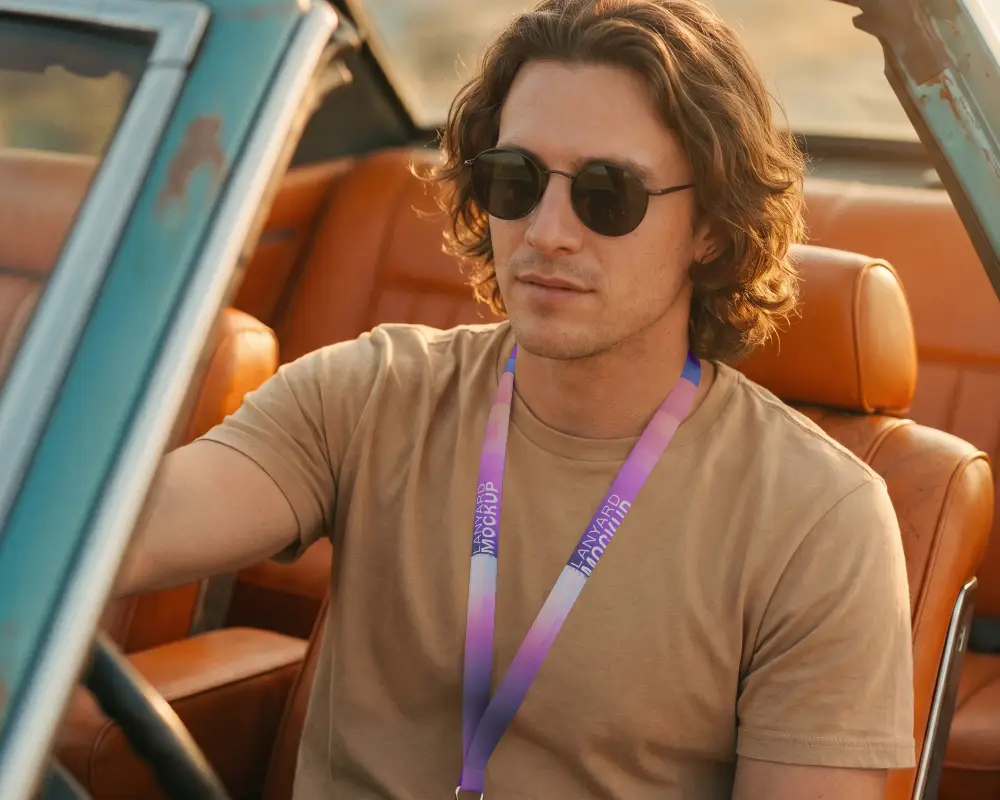 Male Model Wearing A Simple Lanyard Mockup With Clip Inside Vintage Car Interior