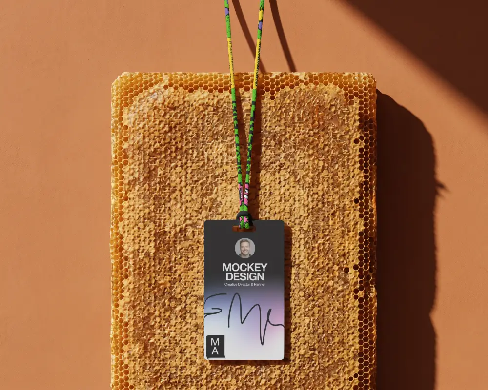 Personalized Lanyard Mockup With Id Badge Display In Natural Honey Background