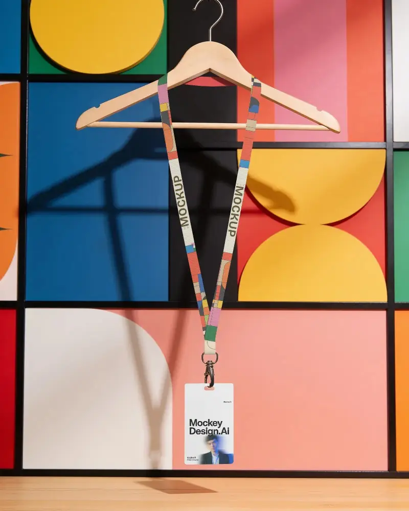 Realistic Lanyard And Id Badge Mockup Displayed On Wooden Hanger In Modern Room Setting
