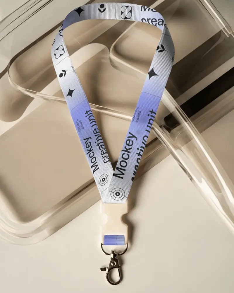Premium Lanyard Mockup Top View On Beige Plastic Surface With Metal Clip And Angled Lighting