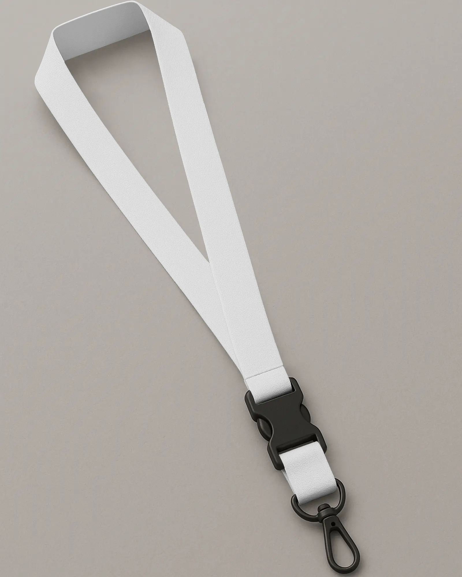Lanyard Mockup Strap With Black Clip And Buckle Placed On Soft Warm Grey Background Clean Look