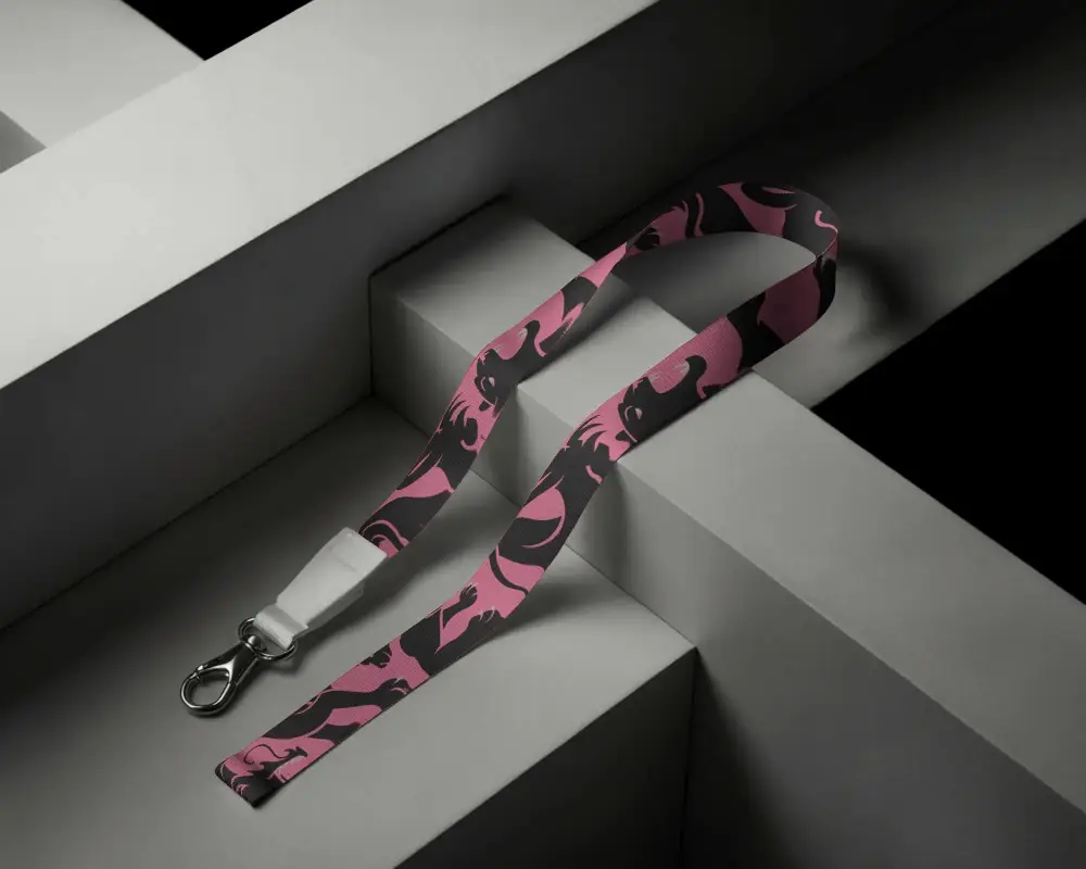 Dark Abstract Lanyard Mockup Resting On Geometric Platforms With Metal Hook And Folded Strap