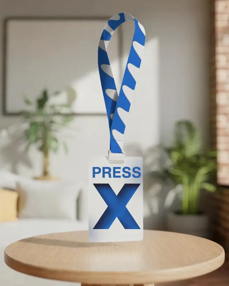 Realistic Lanyard And Id Badge Mockup On Wooden Surface With Soft Background Light