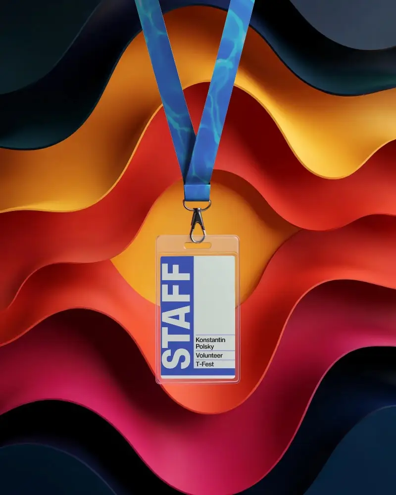 Vertical Id Card Lanyard Mockup Floating Over Abstract Wavy Background