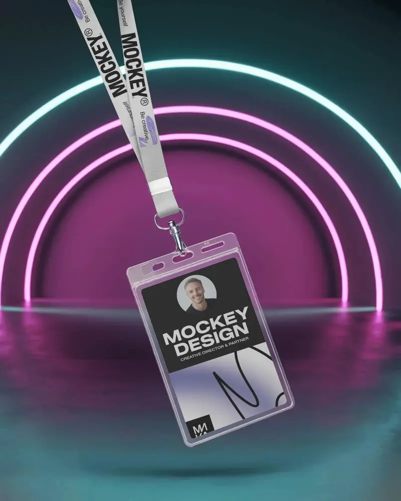 Realistic Customizable Lanyard Id Card Mockup With Neon Arch Background Showcase Design