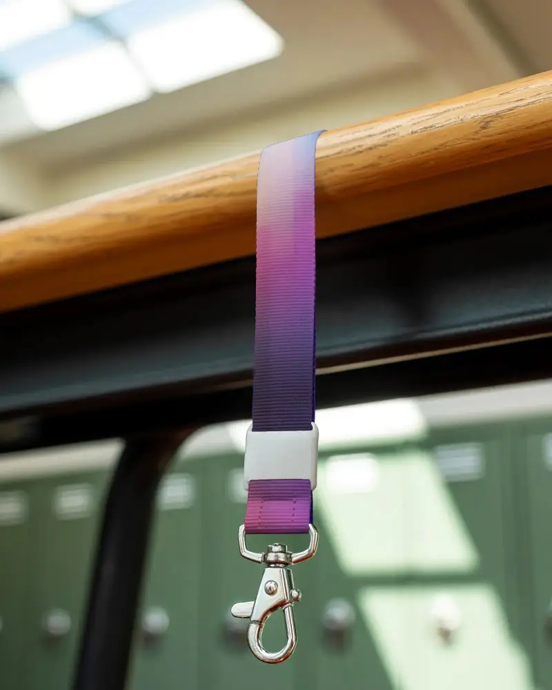 Premium Lanyard Mockup With Metal Hook On Wooden Rail Background Mockup Template