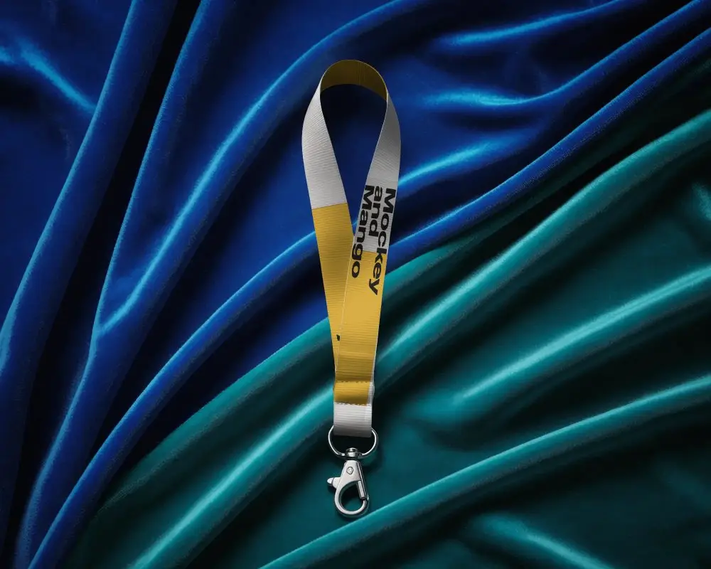 Durable Metal Clip Lanyard Mockup On Soft Fabric Background Essential For Id Badges Keys And Cards