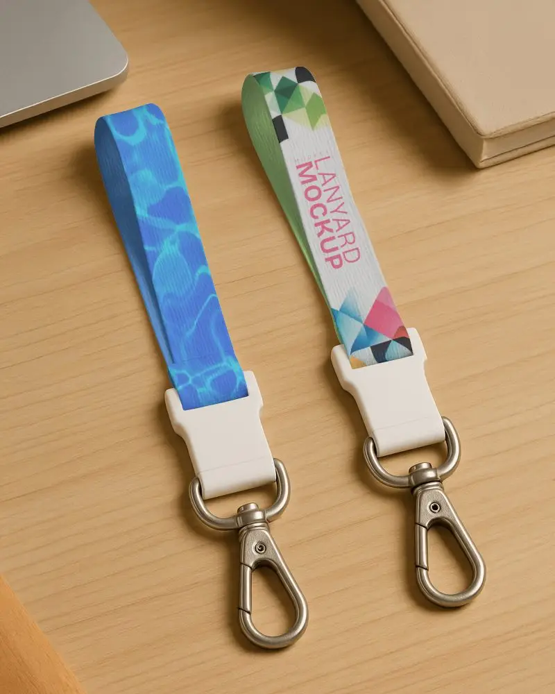 Duo Lanyard Mockup On Wooden Desk Top View Modern Office Setup Flat Lay With Metal Hooks